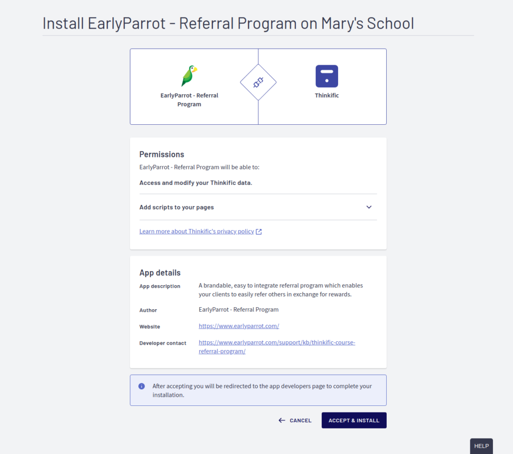 EarlyParrot Thinkific consent screen