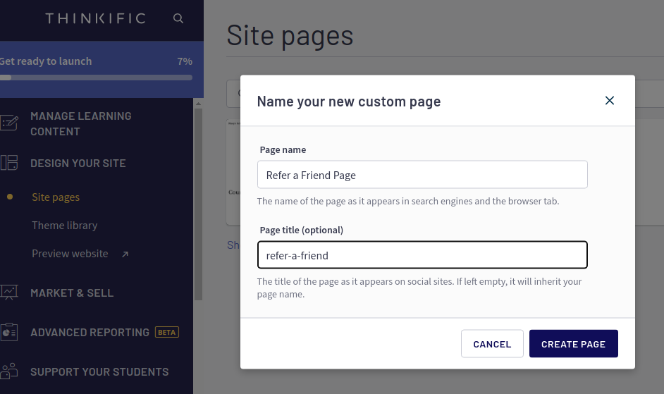 Thinkific custom page creation