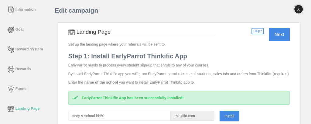 EarlyParrot landing page settings