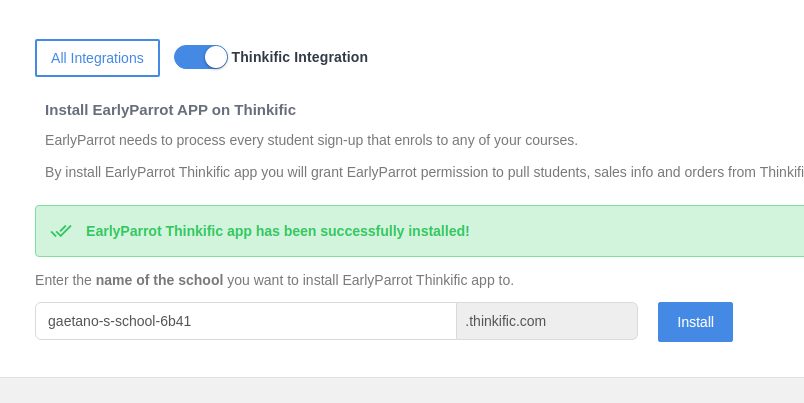 EarlyParrot Thinkific integration successful