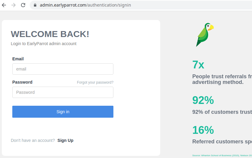 EarlyParrot login screen
