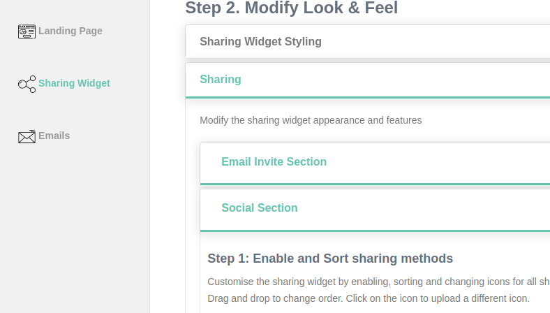 social media section under sharing widget step